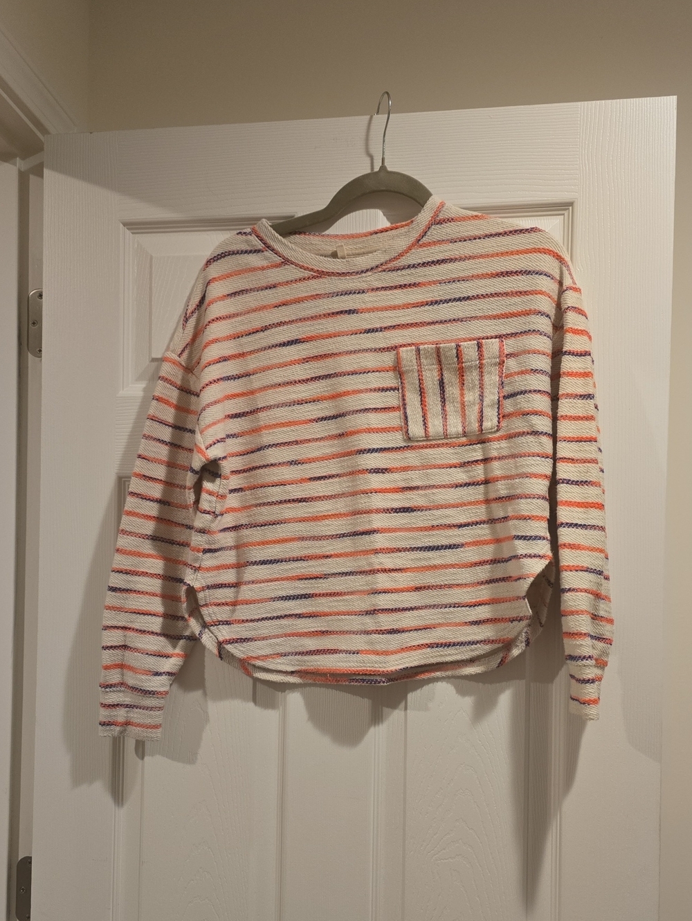 Lou & Grey Cream Striped Pocket Sweatshirt with Coral and Blue Accents